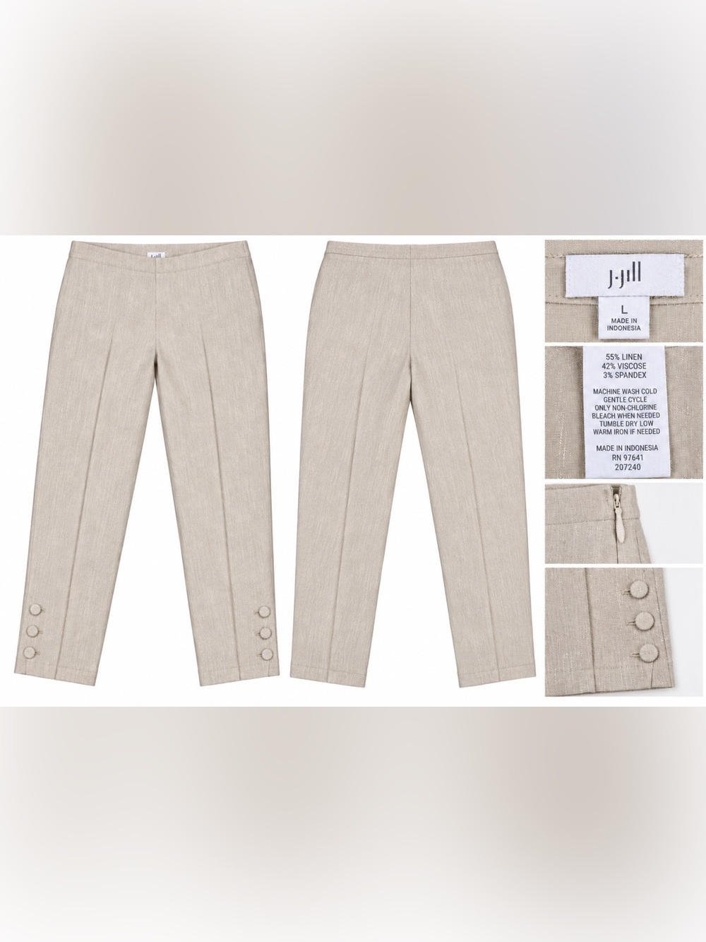 J.Jill Lien Stretch Cropped Pants Size L Beige Natural Flat Front Side Zip